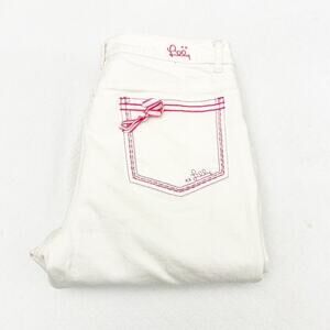 Lilly Pulitzer White Denim Jeans Pink Stitching Wide Leg Size 8